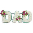 A dignified, three-dimensional funeral tribute spells out DAD in bold capital letters, each letter formed from a dense, cloud-like carpet of pristine white chrysanthemums that read as soft, cushiony texture even from a short distance. The letters are trimmed with a pleated emerald green ribbon that follows both the outer and inner edges, its slightly ruffled surface adding a cool, formal outline against the pure white blooms. Behind the lettering a subtle dark green or grey mounting bar holds the piece level and low to the ground, suggesting it is ready for placement at a graveside or on a memorial easel. Small accent clusters are carefully placed to balance the composition: the first D carries a cluster on its upper left curve, the A tucks a cluster into the lower central V, and the final D is mirrored with its cluster on the upper right curve. Those clusters feature rich magenta roses at varying stages of bloom, interspersed with delicate white freesia and glossy dark green foliage that gives depth and a gentle perfume of honeyed freesia. Soft studio lighting highlights the rounded chrysanthemum heads and the crisp green ribbon, creating gentle shadows that emphasize the letters' three-dimensional form. The overall effect is one of reverent craftsmanship and quiet warmth, a traditional yet personal sympathy statement suitable for services across North Watford from Cassiobury Park memorials to small church farewells along Vicarage Road. A florist would describe this as a measured expression of love and remembrance, tactile and sincere for families saying goodbye to a beloved father.