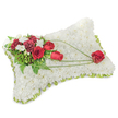 A solemn, hand-crafted sympathy pillow formed into a soft rectangle and photographed against a clean white background. The entire cushion surface is densely covered with hundreds of small, snowy-white chrysanthemum blooms that create a fleece-like texture - quietly matte in the light, suggesting calm and repose. Around the edges a pale lime-green ribbon peeks through the flowers, just visible between the heads, giving the pillow a neat, framed finish. On the upper-left corner a compact spray rises: three deep red roses, some tightly furled and others just opening, sit beside richly ruffled burgundy carnations and clusters of tiny creamy-white accent blooms that could be freesias or spray chrysanthemums; their delicate shapes add small points of brightness. Deep green foliage - a mix of ferny fronds and broader glossy leaves - cradles the cluster, adding depth and a restful natural backdrop. From that top-left grouping, three arching strands of bright green bear-grass or similar foliage sweep in a graceful curve across the white chrysanthemum field toward the lower-right corner. The curve is visually soft and deliberate, leading the eye to a single, perfectly formed red rose that rests alone at the far right, like a quiet message of enduring love. The composition reads as a traditional memorial piece, its scent faint and clean: cool chrysanthemum perfume with the warm, velvety note of roses. As a local florist's tribute familiar to services around Cassiobury Park and Watford High Street, this pillow balances dignity and tenderness, crafted to offer comfort and a respectful farewell in moments of remembrance.