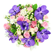 This image captures a lush, dome-shaped bouquet viewed from directly above, resting against a bright white background that accentuates every hue and contour. At the core of the design are several large Vanda orchids, their luxuriant petals saturated in deep purple and patterned with darker violet speckling that looks almost hand-painted. They are positioned like dramatic accents across the top of the bouquet, naturally drawing your attention first. Surrounding them, classic roses in blush pink, soft pastel shades, and touches of creamy white weave a romantic tapestry, some just opening with tightly curled hearts, others fully expanded into generous, layered blooms. Interlaced between these larger flowers are tiny white clusters, likely small asters or similar daisy-like blooms, which lend a sense of lightness, as if the bouquet is catching a soft spring breeze drifting through the gardens of North Watford. Creamy, pearl-like Hypericum berries appear in little bunches, their smooth, rounded forms adding variety to the bouquet's texture and complementing the gentle, white-toned accents. Below and between all these elements, an abundance of rich green foliage forms a supportive base, while threads of silvery-green leaves bring a cool, refined note that subtly echoes misty mornings along the local park paths. The arrangement is tightly composed yet still feels natural and relaxed, the flowers curving together into a harmonious whole. It suggests a mood of sophisticated celebration, suitable for a wedding breakfast, milestone birthday, or a meaningful thank-you gift delivered to a home near St Albans Road-an elegant blend of dramatic orchids, tender roses, and airy white details captured in a single, timeless bouquet.