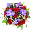 Captured from a birds-eye view on a clean white backdrop, this bouquet appears like a sumptuous, circular painting in shades of passionate red and regal purple, crafted with the care you would expect from a trusted North Watford flower shop. In the centre, clusters of deep red roses create a powerful focal point, their petals tightly layered into velvety spirals that evoke classic romance, long-awaited reunions, or a significant anniversary surprise. Interspersed among them are commanding Vanda orchids, each bloom a striking lavender-purple canvas dusted with intricate, darker violet speckles that lend an exotic, contemporary elegance.

Encircling and softening these bolder forms, purple Lisianthus blossoms unfold in multiple stages, from slender buds to fully ruffled blooms, their petals adding a cloud-like lightness and subtle variation in tone. Smaller, delicate light purple buds or miniature florets slip into the gaps, introducing gentle highlights that keep the overall look harmonious rather than overwhelming. The entire display is cradled in a bed of lush foliage: dark green rose leaves shine with a natural gloss, while long, silvery eucalyptus stems arc outward and around, giving a sense of movement, fragrance, and fresh air-reminiscent of strolling past leafy gardens off St Albans Road or near the quieter corners of North Watford. Fine filler greens with tiny leaves weave between the stems, enhancing volume and intricacy. At the base, a narrow band of silvery-grey mesh suggests a refined wrapping ready for gifting. The evenly lit scene allows each hue to glow, turning the bouquet into a dramatic yet comforting statement piece perfect for romantic deliveries, special birthdays, or heartfelt congratulations across North Watford.