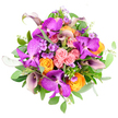 Captured from directly above, this opulent bouquet appears as a dense circle of colour and texture, glowing against a pristine white background as though it has just been set down on a North Watford kitchen table. Striking Vanda orchids in vivid fuchsia and deep magenta purple form the focal points, their broad petals covered in intricate, mosaic-like speckles that hint at far-flung tropical origins. Radiating out from these central blooms, you see clusters of roses in tender pastel pink, bright mandarin orange, and rich golden yellow, the petals wrapped in tight spirals that give each flower a plush, almost sculpted feel. Among them, sleek calla lilies in a deep plum tone curl gracefully, their trumpet-shaped forms adding a modern, architectural elegance that contrasts with the ruffled roses. Tiny lavender and lilac filler flowers are threaded throughout, bringing a mist of soft colour and a suggestion of light fragrance, much like the gentle sweetness of a garden in late spring. The greenery is generous yet carefully woven: broad emerald foliage provides a lush base, while round, silvery eucalyptus leaves and slender stems peek through, adding cool, muted greens and a hint of herbal freshness. It's easy to imagine this bouquet being delivered for a birthday near North Watford's High Street or as a romantic surprise for a home close to Watford Junction, its vivid pinks and purples radiating happiness and carefully crafted care. Every bloom appears considered, contributing to an overall impression of joyful luxury and thoughtful local floristry.