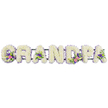 A refined floral name tribute in the image spells GRANDPA across a horizontal dark green base, the seven capital letters arranged in a steady, unbroken line. Each letter is constructed from tightly packed white chrysanthemums, so close together that no gaps appear, creating a plush, cushion-like texture that suggests comfort and peace. Tracing the perimeter of every letter, a delicate edging of lilac and pale purple flowers adds just enough colour to define the shapes, like a soft pencil line around a chalk drawing, making the word distinct against the bright white background. The lighting is even and gentle, highlighting the natural sheen of each petal and the crispness of the overall design. On selected letters, artful accent sprays gently interrupt the white surface: the G and the first A carry small mixed bouquets that combine white lily-shaped blooms, pink or fuchsia flowers, touches of rich purple, and sprigs of green foliage. The D and the second A echo this combination, sometimes featuring tiny lime-green button chrysanthemums that add a fresh, lively note. These clusters feel like little memories tucked into the tribute, hints of the grandfather's character or favourite colours. The arrangement has the quiet dignity you might associate with a farewell gathering in one of North Watford's churches or crematorium chapels, where families gather to remember a gentle, steady presence. The design is traditional yet personal, well suited for placement beside a coffin, on a hearse, or at the graveside, offering a clear and tender message of love to a much-missed Grandpa.