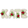 A three-dimensional floral tribute spelling the name KATE in bold block letters, photographed against a pure white backdrop so every texture and colour reads clearly. Each letter - K, A, T and E - is densely packed with small, pristine white chrysanthemum heads, their rounded petals forming a soft, cloud-like surface that suggests purity and calm. The outer contours of each letter are finished with a delicate pale-pink satin ribbon, pleated subtly to catch the soft studio light and give the edges a refined, tactile frame. On each letter a single deep-red rose creates a focal jewel: the K carries its rose at the lower part of the left vertical stroke, the A is crowned with its rose at the peak of the triangular top, the T is grounded by a rose placed at the base of the left side of its horizontal bar, and the E bears its rose along the middle horizontal arm. Each crimson bloom is nestled into a small spray of rich green foliage - glossy broad leaves and feathery fern fronds - which add depth, movement and a fresh scent that offsets the chrysanthemums' gentle, clean fragrance. The overall composition reads as a bespoke sympathy or memorial piece: reverent, meticulously crafted and balanced between firmness of form and softness of bloom. As a local florist familiar with North Watford, I imagine this tribute arriving for a service near Cassiobury Park or a chapel on Church Road, laid respectfully at a celebration of life. The juxtaposition of white, pale pink trim, rich red roses and verdant greens produces a classic, dignified statement of love and remembrance.