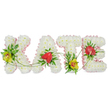 A lovingly designed floral name tribute spells out KATE in four bold, flower-covered letters, displayed against a bright white background that highlights every colour and texture. Each capital letter is constructed from tightly packed white chrysanthemums, their many layered petals forming a velvety, cushion-like surface that suggests softness and care. A light pink satin ribbon traces the outer contours of the letters, adding a gentle blush of colour and a refined, feminine finish around the crisp white blooms. Within this snowy base, the florist has woven in clusters of deep green foliage and distinctive accent flowers. On the left of the K and along the foot of the T, pale yellow-green cymbidium orchids appear, their rounded petals and reddish-brown centres giving a touch of elegance and quiet luxury. On the A and the E, glossy red anthuriums in a heart-like shape provide a striking focal point, their rich hue symbolising enduring love amid loss. Fine green tendrils thread through and between the letters, uniting the design with a sense of gentle movement, almost like memories flowing from one letter to the next. The tribute feels carefully balanced and serene, reflecting the kind of personalised funeral flowers that might be chosen by families across North Watford to send to a church, crematorium, or graveside. Crafted with the sensitivity of a skilled local florist, this arrangement offers a heartfelt, visually beautiful way to say a final, individual farewell.