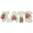 A bespoke, freestanding tribute spells the name KATE in bold, three-dimensional block letters, each letter densely composed of hundreds of small, pristine white chrysanthemums that create a cloud-like, tactile surface. Soft pale-pink satin ribbon runs gently along the inner contours of every letter, offering a subtle, feminine edge that catches the light and defines the sculpted shapes. Against a clean white background the letters appear almost luminous, with delicate shadows beneath that reveal their depth. Carefully placed clusters of hot-pink roses punctuate each letter - two open roses on the left arm of the K, a single prominent bloom nestled in the lower curve of the A, a vivid rose at the base of the T, and a pair of roses on the right side of the E - their silken petals suggesting a faint sweet scent when imagined close to the nose. Lush green foliage, from fern-like fronds to variegated leaves and sprigs of ruscus or eucalyptus, peeks out around the roses, giving contrast and a natural, garden-fresh balance to the crisp whites and bright pinks. Small pale-pink filler blooms and delicate tendrils are tucked into crevices to soften the transitions and add visual movement. The overall mood is tender and reverent, a design made for memorial services, funerals, or a quiet celebration of life: personal, meticulously crafted, and imbued with an affectionate, comforting presence that reads as both elegant and heartfelt.