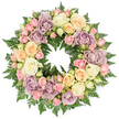 Set against a plain white background, this elegant circular funeral wreath looks both lush and serene, its ring of flowers forming a soft, continuous band of colour. The design is made almost entirely of roses and complementary blooms, each one carefully placed so the wreath feels full and harmonious from every angle. Large, open roses in creamy ivory and warm off-white create a calm foundation, their petals layered like silk and gently curling at the tips. Interspersed among them are blush pink spray roses and pale peach blossoms, some fully opened, others in half-open bud form, adding movement and subtle variation in size. Dusty lavender and muted mauve roses, or similarly toned ruffled flowers, introduce cooler notes that give the arrangement a slightly vintage, romantic character. Beneath and between all the petals, lush dark green foliage-likely ferns and similar textured greens-forms a generous base, with fronds peeking out to frame the flowers and give the wreath depth and structure. The round shape feels symbolic, suggesting eternal love and ongoing remembrance, making it especially suited to funerals, cremation services, or memorials held around North Watford, from quiet chapels to family homes near Watford Junction. There is a sense of calm and gentleness in the colour palette, evoking thoughts of candlelit services and soft words of farewell. The arrangement appears thoughtfully crafted, offering a dignified and comforting way to say goodbye and share condolences within the local community.