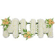 A horizontal MUM floral tribute is shown in close detail, as if resting on a stand in a quiet North Watford chapel before the service begins. The letters are robust and clearly defined, each one completely covered in tightly packed white spray chrysanthemums that create a soft, cushion-like surface of tiny, overlapping petals. Seen against a clean, bright white backdrop, the flowers appear luminous and pure, perfectly suited to a funeral or cremation tribute. Around the outer edges of the letters, a narrow line of dark green ribbon and foliage subtly marks the contours, giving visual definition and a slightly raised outline that hints at the sturdy framework holding everything in place. Three carefully placed clusters of roses add colour and tenderness. On the top left of the first M, a spray of peach and blush pink roses emerges among fresh greenery. Another similar cluster rests at the base centre of the U, and a final group decorates the top right of the second M, creating a gentle visual balance from left to right. The roses range from half-open buds to fuller blooms, their soft, velvety petals surrounded by fern-like greenery and glossy leaves that provide depth and texture. The tribute gives an impression of calm reverence and personal love, the sort of bespoke piece a local florist might deliver to a service near North Watford station to honour a devoted mum, offering comfort and a beautiful, dignified expression of farewell.