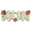 A dignified, three-dimensional funeral tribute spelling MOM in bold capital letters, each letter lovingly formed from hundreds of small, pristine white spray chrysanthemums. Viewed against a plain white backdrop, the surface reads as a soft, cloud-like cushion - tight, pillowy clusters of blooms that convey purity and quiet dignity. The chrysanthemums are packed so closely their tiny petals suggest a whisper of scent and a velvet texture under the eye, while a subtle dark green framework peeks along the edges to hold each letter's graceful shape. To punctuate the serene white, three glossy red anthuriums are placed with careful intention: one perched on the upper left of the first M, another nestled at the base of the O, and the third crowning the upper right of the final M. Each anthurium's waxy, heart-shaped spathe and pale yellow spadix offer a lush, almost tropical contrast; their deep red tones read as warmth and enduring love against the pure chrysanthemums. Clusters of feathery fern and broader dark-green leaves cradle each red blossom, while long, arching green stems or blades of grass connect the focal points and lead the eye across the letters, unifying the composition. Soft daylight seems to wash over the arrangement, giving the whites a gentle glow and the reds a quiet brilliance. This classic sympathy piece, crafted with restraint and care, feels appropriate for a chapel service, wake, or graveside tribute, offering a clear, heartfelt message of love and remembrance for a mother. A Watford florist's hand is evident in the balance of texture and colour, creating a peaceful statement that speaks to memory and comfort.