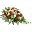 A refined funeral flower arrangement of red roses and white carnations is presented against a crisp white background, its form and colour carefully balanced. The spray lies horizontally, with a lush, fuller mound of blooms on the left that narrows gradually to a slender, trailing point on the right, creating an elegant teardrop effect. Deep red roses punctuate the design, their velvety petals in tight, dignified spirals that speak of enduring love and heartfelt sorrow. Between them, clusters of pure white carnations form soft mounds, their many ruffled petals giving the arrangement a gentle, cloud-like texture and a sense of tender remembrance. Beneath the flowers, layers of dark green foliage create a solid base, while softer, silvery-green eucalyptus leaves curl gracefully through the composition, adding depth, movement, and a subtle aromatic note. At the far right, delicate strands of lighter green foliage extend outward in a soft cascade, enhancing the sense of flow and giving the tribute a natural, almost garden-grown beauty. The colour palette of red, white, and green feels timeless and reassuring, well suited to a casket spray or memorial tribute in North Watford. It is easy to imagine this arrangement, prepared by local florists familiar with families along St Albans Road and the surrounding streets, resting on a coffin during a chapel service or placed by loved ones at a graveside as a final, loving gesture of respect and goodbye.