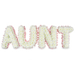 This image shows a personalised funeral flower tribute spelling out AUNT in large, upright letters, thoughtfully designed as a final gesture of love and remembrance. Every letter is completely covered with white chrysanthemums, the small, layered petals overlapping to create a soft, cushiony texture that feels soothing to the eye. Their snowy colour, touched with faintly yellow centres, suggests innocence, purity, and cherished memories. Tracing the outer boundaries of each letter is a pale pink satin ribbon, lightly ruched into gentle ruffles so it hugs every edge and corner with delicate precision. The pastel pink border offers a tender contrast to the fresh white flowers, adding a feminine, affectionate note that speaks of hugs, shared stories, and family bonds. The arrangement sits against a bright, uncluttered white background, allowing the details of the petals and the gentle sheen of the ribbon to stand out clearly under soft, even lighting. The letters are evenly spaced and mounted on a hidden frame, giving the tribute a sturdy, three-dimensional presence suitable for placing at the front of a church, crematorium chapel, or graveside in and around North Watford-from services near Cassiobury to quiet gatherings close to the station. The overall impression is one of calm, reverent beauty, a handcrafted sympathy arrangement designed to honour an aunt who meant a great deal. It feels like the kind of floral tribute a local North Watford family might choose when they want something both elegant and deeply personal for a final farewell.