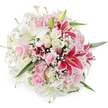A luxurious, dome-shaped bouquet of lilies, roses, and baby's breath is shown in full detail against a bright white background, as though resting on a florist's table in North Watford just before delivery. The arrangement is densely packed, with large white lilies radiating from the center, their flared, trumpet-like petals stretching outward to reveal soft green stamens and creamy, lightly shaded throats. Tucked snugly between these lilies are numerous roses in complementary tones of blush pink and warm cream, with some buds still tightly coiled and others generously open, layering velvety petals in graceful spirals. Adding a note of drama, several vibrant magenta and fuchsia Oriental lilies, reminiscent of Stargazer types, stand out with their deeper colouring, subtle spots, and bold yellow anthers that provide a striking contrast to the paler flowers. Fine sprays of delicate white baby's breath meander throughout the bouquet, forming a gauzy veil that fills any gaps and gives the arrangement a softly diffused, romantic feel. Slim green leaves and stems, mainly from the lilies, peek out around the edges, framing the blooms with a cool, botanical accent. The neutral backdrop and clear lighting highlight each flower's shape and texture, from the silky rose petals to the slightly waxy lily surfaces. This bouquet conveys a sense of joyful elegance and tender emotion, ideal for marking milestones in North Watford-such as anniversaries, graduations, or heartfelt thank-you gestures delivered to homes near Cassiobury Park or along local residential streets.