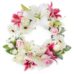 A full, open circular funeral wreath is shown against a pure white backdrop, its ring of flowers so generously packed that the eye travels smoothly around the circle, never catching on an empty space. The arrangement is crafted in a palette of white, blush, and deep fuchsia, creating a gentle yet expressive tribute that would feel appropriate in a North Watford church, crematorium, or family home. Large white Oriental-style lilies, with their broad, softly curving petals and prominent golden stamens, act as the primary focal points, their serene faces turned slightly outward as if offering a quiet blessing. Interspersed among them are vivid fuchsia and deep pink lilies, adding richer notes of colour and subtle speckling that echo the intensity of cherished memories. White gerbera daisies punctuate the design, their layered petals and dark centres giving a contemporary clarity and brightness to the wreath. Between these statement blooms, clusters of light pink roses and creamy white roses are tucked in, some still in bud, others fully open with spiralling, densely packed petals, suggesting both the fragility and fullness of a shared life. Smaller white filler flowers, likely spray carnations or compact spray roses, weave through the composition, smoothing transitions and adding a cloud-like softness. A base of lush green foliage, with varied leaf shapes and tones, frames the flowers and emphasises the open centre, reinforcing the symbolism of eternity and ongoing love. Carefully designed as a heartfelt sympathy tribute, this circular wreath offers a visual expression of peace, remembrance, and compassion, well suited to memorial services and funeral gatherings throughout North Watford.