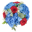 Viewed directly from above against a crisp white backdrop, this round, tightly packed bouquet presents a bold harmony of red, white, and blue that feels both festive and intimate. At its heart a dense cushion of blue hydrangeas fans outward in plump clusters, each tiny floret showing subtle shifts from pale sky blue to richer, deeper sapphire tones so the surface reads like rippling silk under soft light. Scattered like punctuation through that ocean of blue are several prominent deep red roses, their velvety petals spiralling inward with the concentrated depth of fresh-cut velvet, providing strong, expressive focal points without upsetting the arrangement's calm symmetry. Fine sprays of white baby's breath drift across the composition, their tiny star-like blooms adding a delicate, breathy texture that brightens and lifts the heavier forms. Muted, rounded eucalyptus leaves and a few sharper green sprigs sit between blooms, their matte, silvery-green surfaces creating shadows and spatial depth while quietly anchoring the palette. The overall impression is one of considered craftsmanship: flowers cut at peak freshness, arranged into a domed silhouette that would sit beautifully as a table centerpiece or as a commemorative tribute at a local ceremony. The scent is a soft chorus of sweetness and cool green, the touch a contrast of velvety rose petals against the papery, cloud-like feel of hydrangea and the crisp snap of eucalyptus. For anyone in North Watford, from Cassiobury Park picnics to small gatherings on Watford High Street, this bouquet reads as both celebratory and respectfully composed, a design that balances exuberance with quiet refinement.