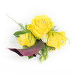 A vivid, wearable bloom composition set against a clean white backdrop: three sunlit yellow roses form the focal cluster, the central rose fully open and flanked by two smaller, gently unfurling yellow buds. Each rose cradles a tiny, clear faceted crystal at its heart, catching the light like a quiet star and adding a hint of glamour without overpowering the flowers' natural warmth. Below the roses a single deep plum calla lily sweeps downward and to the left, its silky funnel-shaped petal creating a striking, sculptural contrast to the cheerful yellow. Interwoven through the cluster are feathery asparagus fern fronds and broader, glossy dark-green leaves that give the piece depth and a soft, botanical movement. Dainty white button chrysanthemums nestle into the arrangement, their creamy discs brightening the composition, while a couple of closed green buds peep from the lower right, suggesting growth and a living rhythm. Behind the left-most yellow rose a whisper of sheer, lacy white material adds an ethereal edge-delicate as bridal tulle under soft morning light. The textures range from velvety rose petals to the smooth, dense calla skin and the wispy fern, and the scent would be a gentle blend of warm rose and green foliage rather than an overpowering perfume. This corsage reads as an elegant statement piece for weddings, proms or special celebrations in North Watford, pairing confident colour with refined detail. Imagined on a lapel or wrist, it balances joyful brightness with sophisticated drama, crafted with the kind of careful handwork familiar to florists serving Cassiobury Park and nearby streets.
