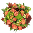 Seen from directly above against a clean white background, this autumn bouquet radiates a warm, sunset palette and a tactile richness that feels almost familiar to anyone who walks beneath the copper trees of Cassiobury Park in North Watford. A tight, circular composition is anchored by many fully opened roses in warm peach and deep orange, each petal graduating outward to hints of reddish-rust that catch the light like late-afternoon leaves. Interspersed between those classic blooms are clusters of small, round Hypericum berries - some a bright lime-green, others a soft creamy yellow - their glossy surfaces and compact shapes offering playful contrast and tiny highlights across the arrangement. Sprays of Green Trick dianthus, plush and moss-like, nestle close to the roses, adding a cushiony texture that invites the fingertips to linger and balances the smoother petals. Large, fresh green foliage with glossy surfaces gives the design its lush backdrop, while deeper, lobed leaves in burgundy and burnt-orange, reminiscent of fallen maple or oak, are dotted throughout to emphasize the harvest mood and deepen the composition. Under soft, diffuse light the bouquet shows subtle shadow and depth, the velvety rose centers glowing while the berries and textured greens create points of visual interest. There is a faint, earthy scent suggestion - a mix of rose sweetness, green moss, and crisp leaf - that evokes a brisk walk down Watford High Street toward the market. This piece feels like a seasonal embrace: ideal as a Thanksgiving centrepiece, a cosy home accent, or a thoughtful autumn gift delivered across the North Watford neighbourhood.