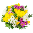 The photograph captures a joyful hand-tied bouquet that looks as if it has just been set down on a white tabletop in a North Watford home. Dominating the arrangement are large, bright yellow chrysanthemums, round and cushiony, their tightly packed petals creating a soft, almost cloud-like texture. Some are fully blossomed, others are still forming, giving a lovely mix of maturity and promise. Nestled alongside them are petite yellow spray roses, gathered in small clusters; their petals spiral delicately outwards from the centre, adding a touch of classic romance to the otherwise playful design. Scattered evenly throughout are white daisy chrysanthemums with fresh green centres, their crisp, tidy petals bringing a sense of simplicity and lightness, much like a calm morning around North Watford's residential streets. Deeper colour comes from vibrant magenta and purple daisy-style chrysanthemums, each bloom marked by a bright yellow centre that echoes the main yellow theme while adding visual depth. Here and there, just visible among the bolder tones, are subtle pastel pink or lavender blossoms that gently soften the palette. Surrounding everything is an abundance of glossy dark green foliage, likely Ruscus or Salal, framing the flowers and giving the bouquet a rounded, full shape as though carefully balanced by an experienced local florist. The lighting is clear and even, enhancing the contrast between the silky rose petals, the fluffy chrysanthemums, and the smooth leaves. Overall, the mood is upbeat and welcoming-perfect for an inexpensive birthday surprise, a 'thinking of you' gift, or a bright centrepiece for a modest dining table in North Watford.