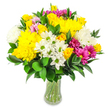 A lush, rounded bouquet of mixed seasonal flowers rises from a clear glass vase, its colours intensified by the clean white background behind it. The composition is dense yet carefully arranged, with sunlit yellow roses and large yellow chrysanthemums taking centre stage, their layered, ruffled petals creating a sense of richness and texture you could almost feel under your fingertips. Interwoven among them are crisp white chrysanthemums and petite, white daisy-like blooms with distinctive lime-green centres, which bring a cool freshness and gentle balance to the bolder tones. Deep magenta and fuchsia chrysanthemums provide striking accents of colour, while softer pastel pink blossoms tuck in between the main flowers, adding subtle shifts of tone and giving the bouquet depth and dimension. A generous amount of deep green foliage, with smooth, glossy oval leaves, anchors the arrangement, curving around the blooms and threading through the centre to frame each flower and enhance the sense of fullness. The clear glass vase, with its softly curving silhouette, reveals the straight green stems gathered neatly in clean water, suggesting a bouquet freshly prepared in a North Watford workshop and ready for same-day delivery across local streets and nearby areas like Hunton Bridge or Kingswood. The lighting is even and bright, allowing every petal, leaf, and stem to stand out clearly. Overall, the bouquet feels cheerful, uplifting, and approachable, ideal for sending a get-well message, celebrating a modest milestone, or bringing a burst of colour to a kitchen table on a quiet afternoon. It captures the spirit of affordable flowers that still feel carefully designed and thoughtfully arranged by a local florist who understands how to brighten everyday moments.