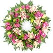 A lavish circular wreath of sympathy flowers is shown in clear detail against a crisp white backdrop, allowing every hue and texture to stand out. The arrangement is dominated by roses in a spectrum of pinks, from deep magenta to soft blush, clustered tightly so that their layered petals overlap and create a rich, almost velvet effect around the ring. Interspersed with them are large double lilies in creamy white, pale pink, and subtle peach, their broad petals opening outwards to reveal delicate centres, while several upright buds in bright green add a sense of freshness and movement. Beneath and around the blooms, abundant greenery forms a deep, soothing base: finely textured fern fronds create a feathery edge, and smooth, darker leaves with hints of variegation fill the inner circle, giving the wreath depth and a natural, garden-like feel. The flowers are positioned so that the colours flow evenly around the circle, with no obvious start or end, echoing the idea of eternal love and remembrance. Cool, even lighting softens the shadows and highlights the gentle curves of each petal. This is the sort of floral tribute a family in North Watford might choose for a funeral cortege travelling towards the crematorium or for a remembrance service held near Cassiobury Park, offering a tangible expression of respect, comfort, and enduring connection.
