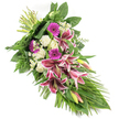 This elongated sympathy spray is photographed against a clean, white background, its form flowing diagonally from the upper left down to the lower right as if gently following the line of a falling tear. At its centre, striking Stargazer lilies in deep fuchsia-pink unfurl wide, star-shaped petals, each bloom edged delicately in white and flecked with fine burgundy speckles that add rich detail. Some lilies are open and expressive, while others remain in bud, their pink-and-green sheaths suggesting life's continuing memories. Around these focal flowers, velvety white roses appear in bud and partially open stages, offering a sense of purity and reverence. Ruffled white carnations nestle between them, softening the composition and lending a comforting, cloud-like fullness. Vibrant magenta gerbera daisies add bold, circular bursts of colour that bring warmth without disturbing the serene mood. Throughout the arrangement, small white daisy-like blossoms are tucked between the larger flowers, providing tiny points of light and a touch of innocence. The spray is richly surrounded by varied greenery: deep green, broad leaves form a supportive base, fine fern fronds add airy texture, and long, blade-like leaves sweep outward, emphasising the elongated, cascading silhouette. The stems are carefully bound at the upper left, revealing the meticulous handwork that has gone into the piece. The overall effect is dignified and calm, ideal for a funeral, crematorium service, or memorial gathering in North Watford, from quiet chapels near Leavesden Road to homes around Nascot Wood, offering a gentle, heartfelt expression of sympathy and remembrance.