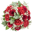 A rich, rounded bouquet of red flowers is shown from a top-down angle, floating on a clean white background so that every petal and leaf stands out with clarity. The eye is first drawn to the deep red roses, their velvety petals spiralling in tight, intricate layers that create dark, romantic centres, like small whirlpools of colour. Nestled closely around them, red carnations add a different type of beauty, their petals softly frilled and densely packed, making the bouquet feel full, lush, and almost touchably soft. Between these bold blooms, flecks of white gypsophila, or baby's breath, weave gently throughout, forming gossamer-like clusters that lighten the composition, as if tiny clouds have settled among the reds. Sprays of eucalyptus, with their muted grey-green, rounded leaves and slightly waxy texture, emerge rhythmically from the mass of flowers, lending a cool, contemporary edge. Deeper green foliage provides a subtle underlayer, enhancing the sense of natural freshness. The bright, even lighting and simple background highlight the colours and textures without distraction, much like arrangements laid out on a preparation table in a North Watford workshop before heading out for flower delivery towards Nascot Wood or along the quieter residential roads. The bouquet feels both opulent and approachable, ideal for anniversaries, romantic celebrations, or simply to bring warmth into a home. One can almost imagine the mingling scents of fresh greenery and sweet carnations, and the comforting weight of the bouquet in hand, reflecting expert craftsmanship and the thoughtful, personal touch that local North Watford florists bring to every arrangement.