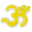 A meticulously designed floral tribute in the shape of the sacred Om symbol dominates the image, its form rendered in radiant yellows and serene whites against a spotless white background. The core strokes of the Om are composed of countless small yellow blossoms, each petal overlapping the next to create a soft, plush surface that follows every curve and swirl of the script-like form. Their warm, golden hue is reminiscent of temple garlands and festival offerings familiar to many families in North Watford, bringing a sense of sacred warmth and continuity. Encircling this glowing heart is a slim border of pristine white flowers, carefully placed to trace the entire outline, from the broad lower sweep to the smaller inner curls and the delicate upper arc. This white edging introduces a sense of quiet calm, like a breath of stillness surrounding the symbol's inner energy. The distinctive dot element at the top right is formed with the same attention to detail, completing the Om and ensuring its spiritual identity is instantly clear. The high, even lighting brings out every texture, from the velvety yellow petals to the soft, ruffled white edges, giving the arrangement a clean, luminous presence. Though the setting is minimal, one can easily imagine this piece placed at the front of a funeral service, a remembrance ceremony, or a private prayer gathering in North Watford, its gentle fragrance rising as family and friends reflect. The design radiates reverence, love, and a quiet assurance that honours both faith and the life being remembered.