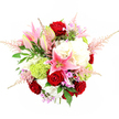 A richly detailed, top-down view reveals a sumptuous mixed bouquet arranged with the care of an experienced North Watford florist, the flowers showcased against an immaculate white studio background that heightens every colour and texture. Dominating the composition are several deep red roses, their velvety petals layered in tight, romantic spirals and gently unfurling at the edges, drawing the eye to the very centre of the design. Interwoven with them are pink stargazer lilies, some fully open with wide, star-shaped petals speckled in deeper pink and framing prominent stamens, others held in sleek buds that suggest fresh beauty still to come. Voluminous clusters of creamy white hydrangeas, or similar multi-petalled blooms, form a soft, cloud-like base, adding a sense of abundance and gentle luxury. Striking lime-green balls of Green Trick dianthus or pom-pom chrysanthemums punctuate the arrangement, their unique, moss-like surface providing tactile contrast and a lively burst of colour. From the outer edges, delicate feathery stems of pale pink astilbe float outward, giving the bouquet a light, airy outline that feels as breezy as a walk across the open spaces near North Watford's playing fields. Tiny hints of lavender and fuchsia filler flowers are scattered thoughtfully through the design, adding quiet flashes of interest and helping the arrangement feel intricate rather than crowded. Surrounding all the blooms, glossy dark green leaves and fine, fern-like fronds create a rich, natural frame, enhancing the sense of freshness. The bouquet conveys romance, celebration, and gratitude all at once, perfectly suited for anniversaries, Valentine's surprises, or an elegant table display for a family gathering in North Watford.