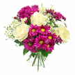 This hand-tied bouquet, shown against a bright white background, feels like a burst of colour and comfort carefully gathered by a local North Watford florist. At the centre, creamy white roses open with quiet confidence, their velvety petals spiralling beautifully from soft ivory edges to a subtle, buttery heart, like folds of fine fabric. Around them, bold fuchsia chrysanthemums spread their many petals in generous, daisy-like circles, each bloom anchored by a yellow-green centre that adds a lively, almost sparkling touch. Threaded between these statement flowers are clusters of petite white daisies, each with a tiny golden centre, lending a gentle, meadow-like charm that recalls the simple pleasure of spotting wildflowers along North Watford's residential streets and nearby green spaces. A few smaller chrysanthemum buds in deeper purple-pink shades nestle among the fully open flowers, adding contrast and hinting at blooms still to come. The arrangement is cradled in lush green foliage, with varied leaf shapes giving texture and volume while framing the colourful heads. At the base, you can see the neat bundle of stems, tightly gathered and wrapped with a green and white checkered ribbon that adds a homely, hand-crafted feel, as though prepared just moments ago for local delivery. Even, diffused lighting allows every colour to stand out while keeping the overall look soft and welcoming. The bouquet's mood is joyous yet soothing, ideal for birthdays, thank-you gestures, or simply brightening a North Watford home with a touch of fresh garden beauty.