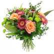 A richly detailed, hand-tied bouquet is set against a clean white background, allowing every colour and texture to stand out as clearly as if you were holding it on a North Watford doorstep. At its core, plump roses open in shades of peach, apricot, and salmon pink, their petals layered in generous spirals, shifting from soft, pale rims to deeper, glowing centres that evoke late-afternoon light. Interlaced among these romantic blooms are velvety gerbera daisies in burgundy and deep magenta, their many narrow petals radiating around lighter central disks, bringing a confident dash of contrast and a cheerful, daisy-like charm. Slightly elevated within the composition, a single King Protea captures attention with its sculptural, cone-shaped form; its overlapping bracts are tinted in maroon and reddish-brown, with soft blush-pink tips that lend an exotic, contemporary note to the mix. Scattered throughout, lime-green Santini chrysanthemums offer playful pops of colour, their button-sized, spherical heads tightly packed with petals, adding both texture and an invigorating fresh-green accent. Enveloping these focal flowers is a generous halo of foliage: broad, glossy leaves support the structure, while tall, blade-like greens and delicate sprigs of rounded, silvery eucalyptus introduce lightness and movement, as though a gentle breeze might rustle the edges. The neatly gathered stems at the base reveal the bouquet's hand-tied nature, echoing the kind of thoughtful design a local florist might create for a birthday in Garston or a thank-you gesture near Cassiobury Park. The overall mood is warm, abundant, and celebratory, suitable for many occasions where heartfelt sentiment needs to be seen as well as felt.