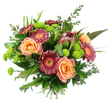 Captured against a bright white background, this hand-tied bouquet stands out with its blend of soft warmth and vibrant contrast. At the centre, open roses in gentle peach and apricot tones form a plush, romantic heart, their layered petals giving a sense of depth and softness, like a quiet celebration shared at home in North Watford. Clustered around them are Gerbera daisies in deep magenta and burgundy, their broad petals and golden centres bringing energy and brightness to the composition. A dramatic protea rises near the upper middle, its cone-shaped head and reddish-maroon bracts offering a striking, sculptural focal point that adds a modern, slightly wild touch. Nestled throughout the bouquet are domes of lime-green button chrysanthemums, perfectly rounded and tightly textured, adding playful pops of colour that feel as fresh as new grass in nearby Cassiobury Park. Enveloping the flowers is an abundance of foliage: broad, shiny leaves for structure, slender grassy strands that arc outward, and light sprays of eucalyptus adding silvery tones and a subtle, cooling fragrance. The stems at the bottom are neatly gathered and tied, showing the skill of a florist who has prepared the bouquet to be easily placed in a vase on a local kitchen table or office desk. Overall, the arrangement is artfully balanced, blending classic romance with contemporary style-an ideal choice for birthdays, anniversaries, or sending a thoughtful message with same-day delivery through Flower Delivery North Watford.