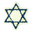 A large Star of David floral arrangement, designed as a heartfelt funeral tribute, is displayed against a stark white background that allows its intricate detail to shine. The six-pointed Jewish symbol is constructed entirely from compact, small-petalled blooms, with a thick, velvety border of white chrysanthemums tracing every edge and point. This white outline forms a soft, almost cloud-like frame around the star, while a generous central hexagon of matching white blooms sits calmly at the heart of the design, radiating a sense of quiet purity. Surrounding that centre, the six arms of the star are created from dense clusters of dark navy or indigo-blue flowers, the petals packed so closely that they resemble a rich, woven fabric. At the inner base of each blue triangle, a small, sharply defined triangle of white flowers reappears, breaking up the darker sections and reinforcing the geometry of the Magen David. The contrast between the bright white and the deep blue feels deliberate and ceremonial, evoking the colours often seen in Jewish religious items and Israeli symbolism. There is no greenery or ribbon to distract from the form; instead, the piece rests on its precise lines and lush texture. This arrangement conveys solemnity, comfort, and enduring faith, making it especially fitting for a Jewish funeral or memorial in North Watford, whether placed at a chapel of rest or delivered to a family home during shiva. It reflects the quiet care of a florist who understands the local community and the emotional weight behind such a tribute.