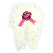 Against a crisp white background, an angelic pair of floral wings unfolds, creating a serene and poignant tribute that would feel at home in any quiet North Watford farewell. Each wing curves outward gracefully, built from a dense covering of tiny, pure white blossoms-likely spray carnations or chrysanthemums-that form a luxurious, almost velvety layer of petals. The flowers are arranged so closely that the surface appears seamless, like freshly fallen snow, while subtle shadows between each head add gentle texture and depth. The wings are bordered with a fringe of soft white feathers, their fine strands overlapping the petals and catching the light, which heightens the impression of real wings poised in stillness. At the meeting point of the two wings, a circular mound of deep violet or dark purple flowers or foliage provides a dramatic focal centre, echoing the subdued, respectful hues often chosen for funeral tributes. Resting on this dark circle is a radiant fuchsia satin ribbon, fashioned into a generous bow with long, elegant tails that sweep down the centre. From the heart of the bow, a single light pink rosebud emerges, its delicate form and gentle colour softening the stronger tones around it, suggesting tenderness, remembrance, and love that continues beyond parting. The composition feels calm and contemplative, ideal for a sympathy tribute delivered to a North Watford funeral director, a memorial service near North Watford station, or a graveside ceremony where family and friends gather to honour a life with quiet dignity.