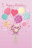 This charming birthday illustration captures the feeling of a light, joyful celebration drifting over North Watford's rooftops. At the base, a small yet luxurious bouquet of fresh flowers is hand-tied with care, its stems pulled snug beneath a glossy violet satin bow. The blooms are a romantic mix of ivory and blush roses with soft, anemone-like and daisy-style flowers, their feathery petals shaded from cream through to rosy pink and muted mauve. They appear velvety and full, as though they've just been chosen from market-fresh stems and lovingly arranged in a local North Watford flower studio. Rising from this bouquet is a lively cluster of pastel balloons, floating upward as if tugged by birthday excitement. Each balloon has its own decorative charm: some swirl with candy-coloured stripes in pinks and yellows, others are dusted with playful polka dots, while a central heart-shaped balloon glows with tender affection. Hues of sea green, soft teal, lavender, and sunshine yellow blend harmoniously, their gentle shine catching an imagined light similar to a bright afternoon by Cassiobury Park. Tiny stars and whimsical butterflies scatter across the pink background, adding a dreamy, fairy-tale touch to the design. You can almost sense the soft rustle of ribbon and the imagined fragrance of the blossoms, like passing a neighbour's garden along St Albans Road on a mild spring birthday. The whole composition feels airy, sweet, and warmly personal, turning a simple birthday message into something magical for someone special in North Watford.