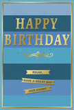 This birthday card gives the impression of a quiet, refined celebration, the kind you might enjoy on a peaceful morning in North Watford before visitors arrive. The design is built from generous horizontal bands of blue, each stripe a slightly different shade that glides from deep navy at the top through denim, teal, and soft sky blue at the base. These layers create a gentle ombre effect, as if the colours drift across the card like clouds moving slowly above the houses off St Albans Road. The surface appears smooth and matte, with just enough texture to feel luxurious when held in the hand. In the centre, the greeting HAPPY BIRTHDAY is embossed in bold capital letters and finished with a gleaming gold foil that catches the light with every small movement. The raised lettering adds a tactile quality, allowing the message to be felt as well as read. Directly beneath, a delicate golden scroll motif adds an elegant, almost classical touch, echoing the curves of traditional calligraphy. Below this flourish, three slim, gold-foiled banners line up neatly, each carrying a friendly instruction: Relax, have a great day and enjoy! These banners reinforce the card's gentle nudge towards comfort and happiness. A narrow gold border traces the outer edge of the card, framing the changing blues like a picture in a slender gilt frame. It is easy to imagine this card standing beside a hand-tied bouquet, perhaps delivered by Flower Delivery North Watford, lending a composed, thoughtful presence to any birthday celebration.