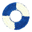 A lifebuoy-shaped funeral wreath rests against a brilliant white background, its strong blue-and-white pattern giving an immediate sense of nautical symbolism and gentle strength. The arrangement forms a perfect ring, built from tightly packed, small-headed chrysanthemum-style blooms that cover the base so completely that only flowers and ribbon are visible. The wreath is divided into four equal sections that alternate in colour, creating a bold, maritime look. In the top left and bottom right, velvety clusters of royal blue flowers form deep, richly textured blocks, reminiscent of sea uniforms and the hue of deep water. In the top right and bottom left, pristine white blooms offer a luminous contrast, suggesting innocence, peace, and a calm final journey. Along the inner edge of the ring, a slim dark blue ribbon is gathered into neat, continuous ruffles, mirroring the circular inner line and subtly evoking the trim of a traditional life ring. The open centre of the wreath emphasises the protective, enclosing form so closely associated with safety and rescue. Created in the spirit of a local North Watford florist, this is the kind of tribute chosen for funerals or memorials of people connected with the navy, lifeguards, boating, or canal life near the area, as well as those remembered as a 'lifeline' for family and friends. The cool, composed palette and thoughtful craftsmanship make it an especially moving choice for services held in North Watford's churches or chapels, conveying steadfast support, remembrance, and the wish for safe passage into peaceful rest.