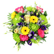 A lush, hand-tied bouquet fills the frame against a spotless white background, the flowers arranged in a dense, rounded shape that feels both luxurious and welcoming, like a gift delivered to a doorstep in North Watford on a bright morning. At its centre, hot pink roses with soft, white-tipped petals open fully, their velvety spirals catching the light and setting a warm, romantic tone. Encircling them, vivid yellow gerbera daisies with dark, velvety brown centres spread their smooth petals wide, each bloom like a miniature sun that brings a sense of optimism, reminiscent of strolls through nearby green spaces or along St Albans Road. Tucked closely between these larger flowers are compact clusters of lime green button chrysanthemums, their domed, textured heads lending a plush, almost moss-like softness that invites the eye to linger. Scattered among the brighter colours, delicate lavender-blue, aster-style flowers and deeper purple lisianthus bells add cool shadows and gentle contrast, giving the arrangement a layered, almost painterly depth. The foliage surrounding and threading through the bouquet is generous and varied: broad, shining leaves lend structure, while finer, ferny greens and a few white-edged variegated leaves soften the outline and echo the roses' pale rims. Slender green buds and fresh shoots extend just beyond the rounded profile, giving the display a sense of ongoing life and movement. The lighting is clean and bright, emphasizing the freshness of every petal and leaf. Overall, the bouquet radiates happiness and care, perfectly suited for birthdays, get-well wishes, new homes, or simple thinking of you moments for friends, family, or colleagues throughout North Watford and the surrounding neighbourhoods.