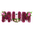 A large floral word tribute spelling MUM is pictured clearly against a simple white background, allowing the rich colours and careful floristry to take centre stage. Each letter is a sturdy, three-dimensional frame completely cloaked in small, densely packed flowers in shades of deep pink, magenta, and purple, likely spray chrysanthemums or similar blooms, creating a plush and uniform texture. Their lime-green centres form a gentle speckling across the surface, giving the letters life and freshness without disturbing the overall harmony. Along the sides, a soft, pale pink ruffled ribbon is neatly wrapped around the structure, tracing every line of the letters and adding a feminine, comforting note. The two Ms are each adorned at their outer top corners with graceful clusters of lighter pink roses, the petals smooth and gently spiralled, nestled among sprays of fern and glossy greenery that arc outward like soft wings. Between them, the U carries a more understated embellishment at its base: a small yet tender grouping of light pink roses, creamy white blossoms, and fresh foliage arranged like a tiny bouquet resting at the very bottom of the letter. The composition feels both dignified and intimate, the kind of personalised MUM funeral flowers that might be placed at a North Watford chapel of rest or carried to a cemetery on the outskirts of town, offering a visual expression of gratitude, remembrance, and an enduring bond between a mother and her family.