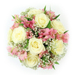 Against a spotless white backdrop, this top-down image reveals a lush, round bouquet that feels both romantic and serene, as though it has just been finished on a North Watford workbench ready for delivery. The arrangement centres on a ring of large, fully opened roses in creamy white and pale ivory, each flower displaying elegantly spiralled petals with velvety texture and gentle shading, giving a sense of quiet luxury. Nestled between these roses are clusters of pink alstroemeria, their slender petals patterned with fine, darker pink streaks and flushes of peach towards the throat, lending the bouquet energy and playful charm without overwhelming its softness. Fine sprays of white baby's breath drift through every section of the design, tiny florets forming a delicate, cloud-like overlay that softens the lines and makes the arrangement appear almost weightless. Occasional deep green leaves break through the blossoms, adding structure and a fresh garden feel reminiscent of walks through nearby Cassiobury Park or along St Albans Road in spring. The bouquet is tightly composed into a perfectly circular form, densely packed but carefully balanced so each bloom has space to be seen. The colour story of ivory, blush pink, and crisp white creates a gentle, hopeful atmosphere, suitable for birthdays, anniversaries, or simple acts of kindness across North Watford. It is a bouquet that would sit beautifully on a kitchen table or bedside cabinet, suggesting a subtle fragrance and an understated elegance ideal for illustrating premium local flower arrangements and thoughtful, romantic gestures.