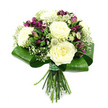 This image shows a beautifully structured hand-tied bouquet, photographed against a pure white background that allows every bloom to be seen with clarity, as though it has just been finished in a North Watford flower shop. Central to the arrangement are several large white roses, their petals creamy and full, layered in graceful spirals that create a soft, romantic heart to the design. Surrounding and weaving between them are deep purple alstroemeria, some open and velvety with intricate markings, others still enclosed as sleek buds, lending contrast and a hint of drama. Wispy clouds of white baby's breath drift through the bouquet, filling the spaces between larger flowers with a delicate, airy charm. Tucked among these are small, spiky filler flowers that recall Astrantia or fine thistles, adding subtle texture and a slightly rustic note without disturbing the overall elegance. The top of the bouquet is framed by a sculpted ring of broad, glossy green leaves, their surfaces shining gently and curving around the blooms to form a modern, collar-like base. Below, the green stems are cut to a uniform length, carefully gathered and tightly wrapped with a coordinating green ribbon, giving the bouquet a tidy, gift-ready finish. The colour palette of white, purple, and green feels calm and composed, suitable for marking life's quieter milestones in North Watford, from sending a heartfelt thank you to offering sympathy or gentle support to friends and family nearby.