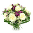 A sophisticated, rounded bouquet takes centre stage against a clean white background, each element thoughtfully placed to create an impression of calm refinement. The eye is first drawn to the cluster of creamy white roses at the core, their petals fully unfurled into soft spirals that suggest both openness and gentle grace. Embracing these roses are vivid purple and deep magenta alstroemeria, their trumpet-shaped blooms radiating from slender stems and marked with fine streaks that add character and depth. Floating among these stronger forms are tiny white blossoms of baby's breath, appearing like scattered stars or wisps of cloud that bring a sense of airiness to the compact design. Here and there, pale green-white astrantia blossoms emerge, their distinctive pincushion centres ringed by delicate bracts lending a quietly intricate, almost botanical-garden detail. The entire arrangement is held together and defined by a smart collar of dark green aspidistra leaves, their broad surfaces folded around the base in sleek, architectural curves that frame the flowers while adding structure. The exposed stems beneath are neatly gathered and trimmed, revealing the hand-tied craftsmanship behind the bouquet. The overall mood is tranquil and composed, the mix of cream, purple, and fresh green evoking both comfort and quiet celebration. Crafted by a skilled North Watford florist who knows the tastes of families near Leggatts Way and along St Albans Road, this design would be a thoughtful delivery for marking anniversaries, saying thank you with sincerity, or offering a serene floral tribute during moments of remembrance.