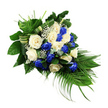 A dignified, elongated floral tribute is displayed on a pure white background, its form flowing from a fuller top left to a tapered lower right, creating the classic teardrop silhouette associated with funeral sprays and sympathy sheaves. The central focus is a generous gathering of roses, roughly two dozen blooms that alternate between creamy white and striking sapphire blue. Each rose is open and velvety, the blue petals appearing almost jewel-like against the quieter ivory tones. This interplay of colour gives the arrangement a calm yet distinctive character, ideal for commemorating a life with grace. Between the roses, tiny white clusters of baby's breath are interwoven, their fine stems and small petals creating a soft, clouded texture that lightens the overall look. Surrounding the flowers, a rich mix of greenery forms a structured cradle: broad, dark green leaves sit close against the stems, while bright green fern fronds extend gently from the upper left, adding feathery height. From the lower right, long palm fronds fall outward in an elegant arc, visually guiding the eye down the length of the spray. Scattered sprigs of bluish-green eucalyptus provide an understated cooling tone and contribute subtle variation in leaf shape. Several broad leaves have been folded and coiled into neat bands, like natural ribbons, winding through the composition and illustrating the thoughtful craftsmanship behind the piece. The mood is respectful and serene, reminiscent of a quiet walk near North Watford's churches on a still afternoon. This arrangement feels especially suited to funeral services, memorials, or celebration-of-life ceremonies, conveying sympathy and remembrance in a gentle, visually harmonious way.
