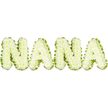 A carefully formed sympathy tribute spelling out the word NANA, shown against a clean white background so every contour reads clearly. Each of the four capital letters is built from dense clusters of small, round white button chrysanthemums; the blooms sit tight together like tiny white stars, their short petals creating a soft, cushioned surface that catches the light and suggests tenderness. Around each letter a neat green trim - a pleated band of glossy foliage or ribbon-like leaves - traces the perimeter, offering a fresh, verdant frame that crisply defines the sculpted shapes. The bright, even daylight used in the photograph brings out the subtle tonal variations in the white petals and the cool, lively green of the border, while the three-dimensional depth of the letters is visible in the gentle shadows between the florets. As a working florist in North Watford I picture this piece standing at a memorial near Cassiobury Park or laid by family at a chapel service; its white-and-green palette speaks of purity, calm, and enduring respect. You can almost sense the faint, earthy scent of chrysanthemums and the careful, steady hands that wired and filled each letter to give it a substantial, reassuring weight. This arrangement reads as a personal, heartfelt farewell to a grandmother, offering family and friends a visual point of solace and remembrance on a sensitive day.