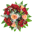 This arrangement radiates sophisticated warmth and an inviting lushness that feels right at home in North Watford's vibrant neighbourhoods. At its centre, soft apricot-peach roses unfurl with a gentle luxury, their velvety petals blushing at the edges much like the sky over Callowland Green as sunset approaches. Deep red spray chrysanthemums cluster densely, their fine petals layered and plush, offering a passionate depth. Elegant, tight red roses peek from the mix, their rich colour celebrating life's boldest moments. White gypsophila is scattered with intention, the dainty blossoms drifting like small clouds, echoing the lightness of spring breezes that sweep over North Watford's local gardens. Encircling this show of colour, a collar of glossy dark greens-salal or camellia-contrasts the blooms' brightness, while silver-washed eucalyptus brings a cool touch. Sleek, folded ti leaves weave strength and structure into the design, as textured seed pods or protea buds add subtle, earthy detail. The bouquet's balanced palette and vibrant textures evoke happiness and heartfelt celebration-ideal for marking birthdays, sharing love on an anniversary, or simply brightening a home. Its evocative presence mirrors the sense of connection and warmth that defines the North Watford community, each element thoughtfully placed by local florists with pride and artistry.