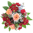 This bouquet is a lively celebration of North Watford's vibrant spirit, marrying lush colours and tactile variety in a thoughtfully shaped arrangement. At first glance, the softly glowing peach roses seem to radiate gentle optimism, their elegantly spiraled petals forming the heart of the display. Ranging around them, clusters of velvety dark red chrysanthemums-each with a jewel-bright, greenish-yellow heart-bring richness and depth, reminiscent of autumn evenings along Watford's bustling High Street. Finer details emerge in the wisps of baby's breath, airy as morning mist, catching the daylight and weaving a delicate balance amidst more intense tones. Glossy, dark green leaves frame the blooms, while pockets of silvery eucalyptus peek through, adding a note of subtle freshness-a nod to the urban parks scattered across North Watford. A single spiky, russet accent on the left hints at a wilder story within the bouquet, much like the hidden gems of the neighbourhood. The overall composition feels exuberant and sophisticated, perfect for marking birthdays, anniversaries, or simply spreading cheer with a same-day delivery from Flower Delivery North Watford. Each detail, from fragrance to form, speaks of care, community, and a promise of beauty renewed.