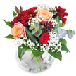 Overflowing with warmth and homegrown artistry, this bouquet features glowing apricot roses in full bloom-a soft embrace amid the bustle of North Watford. Deep red and burgundy chrysanthemums add layers of richness, their velvety petals pairing beautifully with the smaller, classic red rose nestled below. Sprigs of airy, cloud-like baby's breath drift between the vibrant colours, echoing the sense of space you feel along the Grand Union Canal on a clear afternoon. Silver eucalyptus discs and broad, glossy leaves frame the composition with touches of cool and green, hints of their herbaceous aroma lifting from the arrangement. The plum-tinged succulent foliage deepens the mood, weaving in a touch of intrigue. Set in a sparkling round vase that proudly displays its neat stems and crystal water, the bouquet feels as lively as a celebration on North Watford's community greens. Whether chosen to mark a birthday, send comfort, or brighten up Sunday lunches with local family, this arrangement speaks of attentive craftsmanship and the enduring beauty of fresh, local flowers in every season.