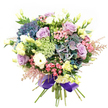 Transporting the beauty of North Watford's gardens into a single, enchanting bouquet, this floral arrangement blossoms with sensory delight and refined balance. Lush clusters of hydrangea in shaded indigo, teal, and moody purple stand as dramatic focal points, their layered petals evoking the peaceful parks and secret gardens tucked off Radlett Road. Among their embrace nestle velvety lavender and cream-hued roses, their gentle curves unfolding softly beside snowy-white ranunculus that offer plush, textural contrast and a hint of gentle fragrance. Pale yellow-green eustoma buds-some starting to open, some tightly furled-rise delicately throughout, imparting a sense of new beginnings inspired by local spring mornings. Airy sprays of fuchsia-pink filler flowers and feathery pink astilbe create visual movement along the edges, adding vibrancy and whimsy. Lacy Ammi Majus filler and deep, glossy greenery drift among the blooms, connecting the composition with the freshness of the outdoors. The bouquet is expertly gathered and bound at the base with a wide, luminous royal purple satin ribbon that enhances the cool floral tones and signals craftsmanship unique to North Watford's florists. Ideal for birthdays, romantic gestures, or as a dazzling centrepiece, this arrangement radiates warmth and sophistication while capturing the spirit and beauty found throughout the North Watford community.