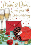 Illustrated anniversary card scene that radiates romance and family warmth, as if set for a cosy celebration in North Watford on a quiet evening. Front and centre, two slender champagne flutes stand close together, filled with golden, effervescent bubbles that glow with the promise of a loving toast to Mum and Dad. At their base, a pair of deep red roses rests gracefully on the table, their plush petals rich and velvety, complemented by lush green leaves that frame the blooms with natural elegance. To one side, a heart-shaped box of chocolates sits invitingly open, its interior lined with bite-size truffles, while a wide red bow curls across the lid, adding a sense of indulgence and ceremony. A vivid scarlet envelope, carefully sealed, lies nearby, hinting at handwritten anniversary wishes meant just for the celebrating couple. Scattered around the composition float delicate red and gold hearts, along with gently scripted lettering that adds a whimsical, affectionate touch to the scene. Soft, warm light plays across glass, ribbon, chocolate, and flower petals, creating subtle highlights and gentle shadows that evoke the comfort of home, perhaps in a house off St Albans Road or near the local shops. For a florist used to preparing anniversary bouquets for local families, this image conjures the faint scent of fresh roses and the rustle of a card being opened, capturing the tenderness, gratitude, and joyful reflection that make a parents' anniversary such a treasured moment.